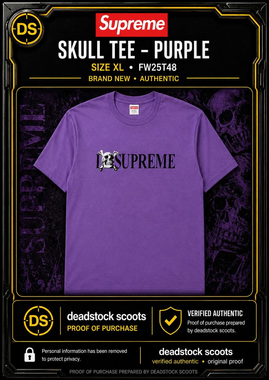 Supreme Skull Tee Purple Size XL FW25 Graphic T-Shirt Cross-Posted FIRM
